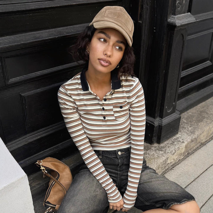Damen nan gestreiftes Polo-Crop-Longsleeve mit kontrastkragen und Brusttasche Echo Archiv