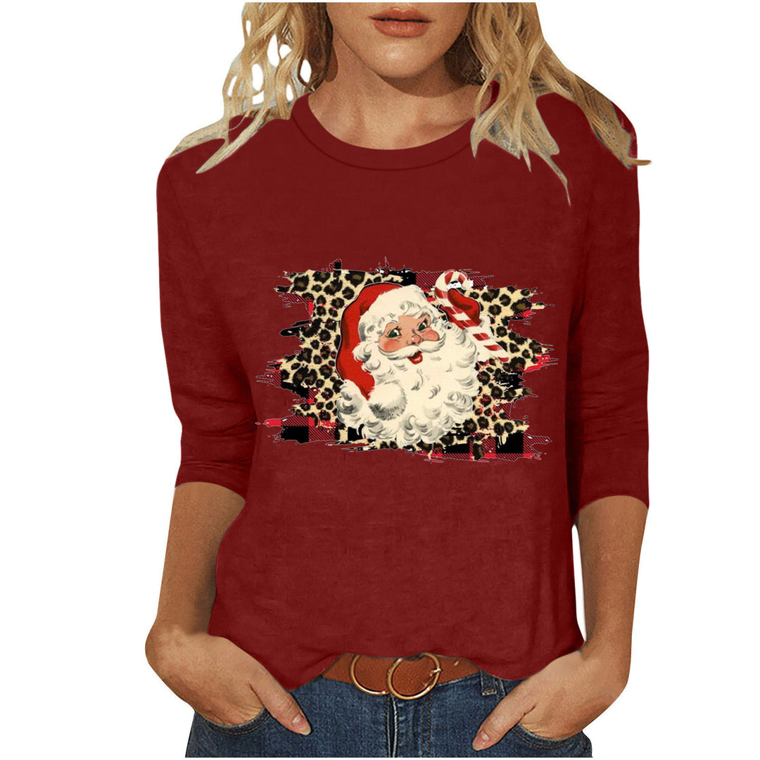 Damen lässiges Sweatshirt mit Retro-Weihnachtsmann-Print, Leoparden- und Karomuster und dreiviertelärmel – Avérine
