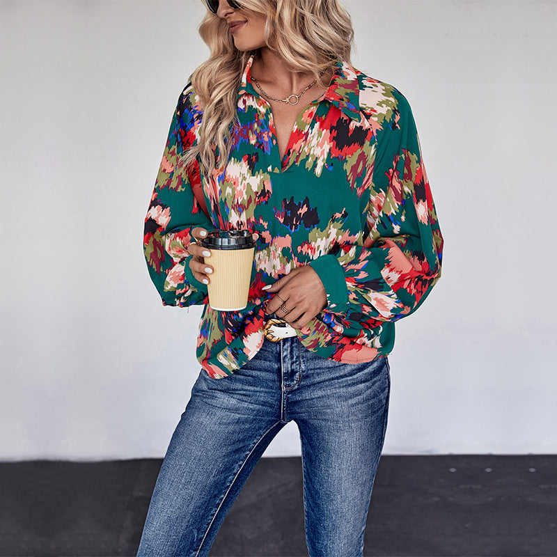 Damen Weites Blusenshirt mit Hemdkragen, abstraktem Print und Ballonärmeln Echoarchiv