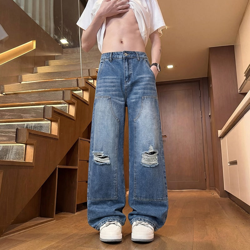 Herren Weite Baggy-Jeans mit Used‑Wash, Knie‑Rips & Utility‑Nähten Echoarchiv