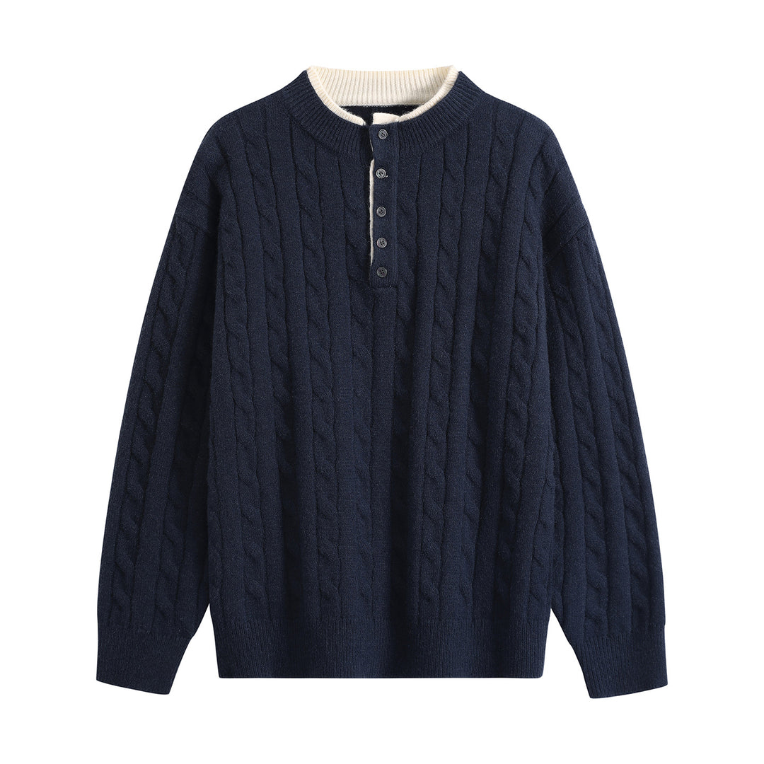 Unisex Oversize Zopfstrick-Henley-Pullover mit Knopfleiste und geripptem Saum Echoarchiv