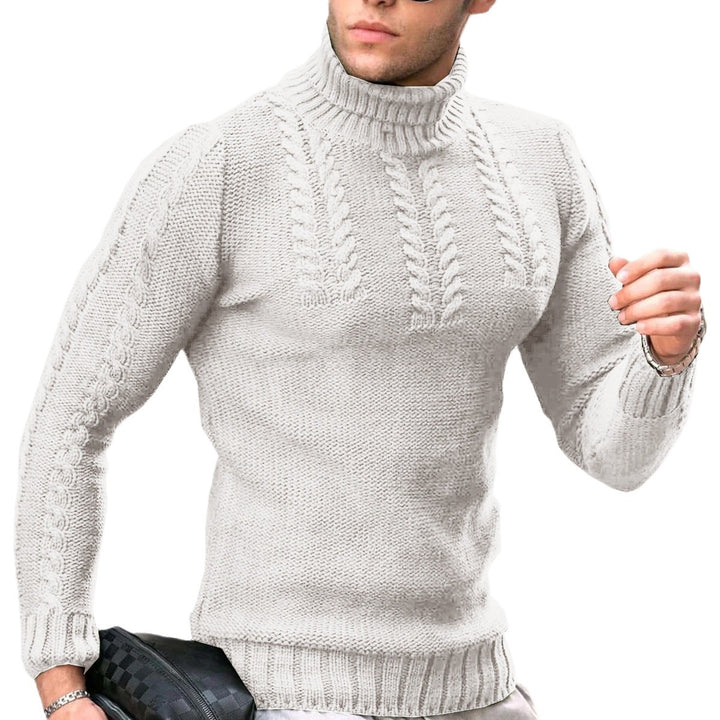 Herren gehobener Strickpullover mit hohen Kragen und detailreichen Zopfmuster Echoarchiv
