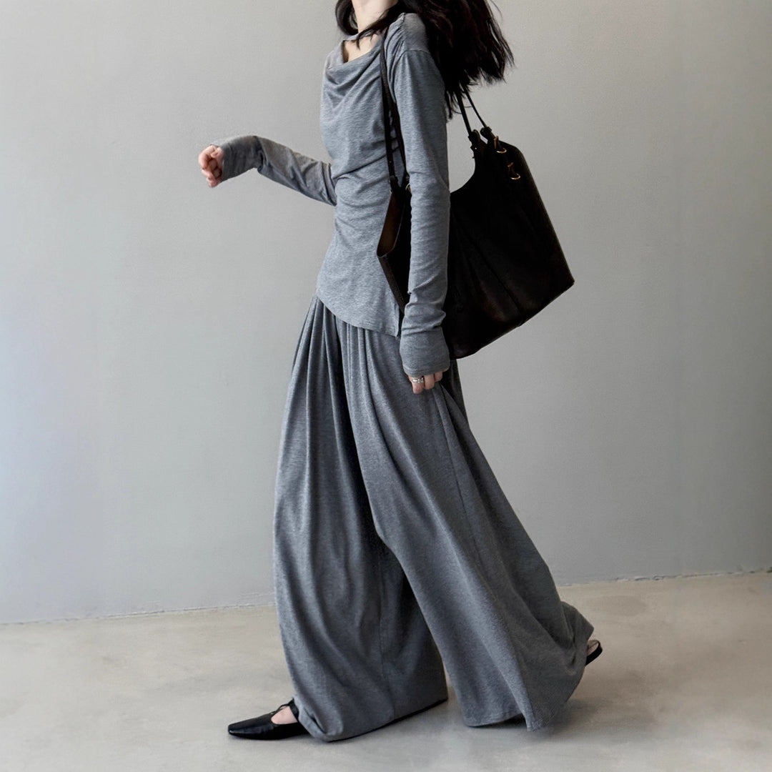 Damen Zweiteiliges Jersey-Set mit asymmetrischem Wasserfallkragen und weitem Maxirock – Élanora