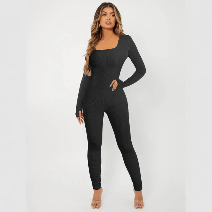 Damen Rippstrick Skinny Jumpsuit mit Quadratischem Ausschnitt, Langen Ärmeln und Daumenloch – Solévia