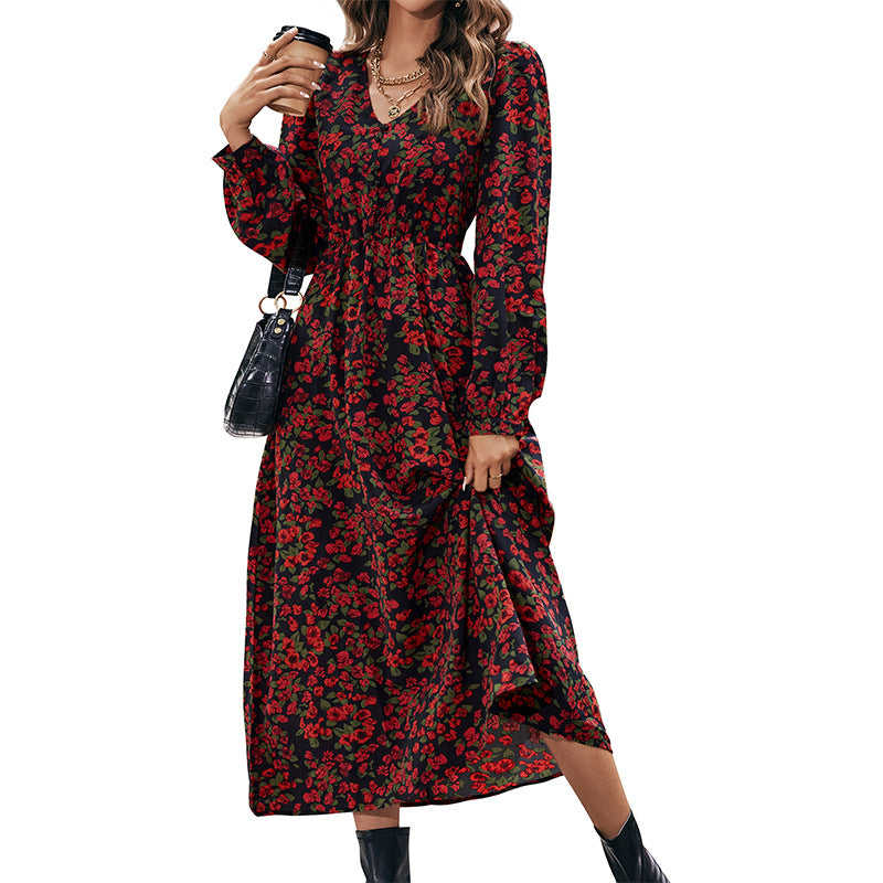 Damen Langes florales Maxikleid mit V-Ausschnitt, gerafftem Smokbund und fließendem A‑Linien‑Rock Echoarchiv