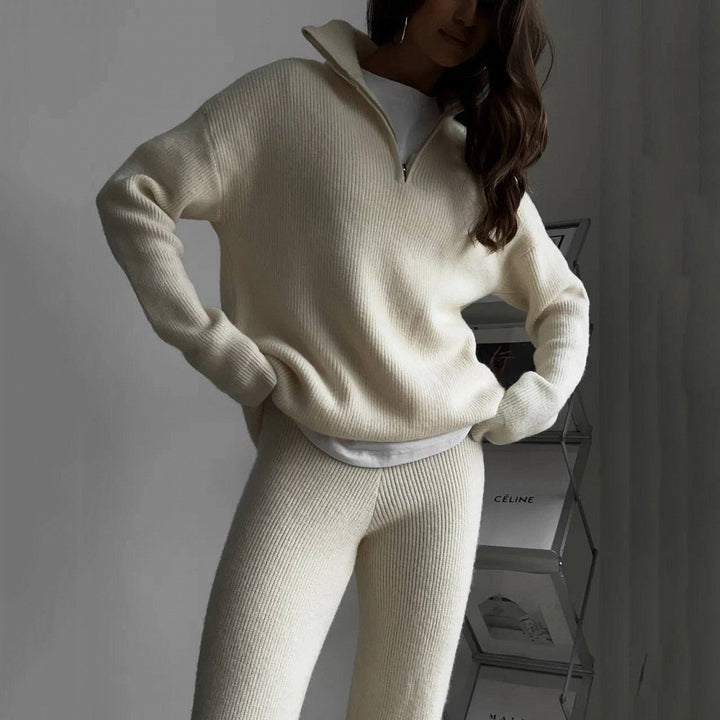 Damen nan geripptes Strick-Lounge-Set mit Halbzip-Pullover und hochgeschnittener Leggings Echo Archiv