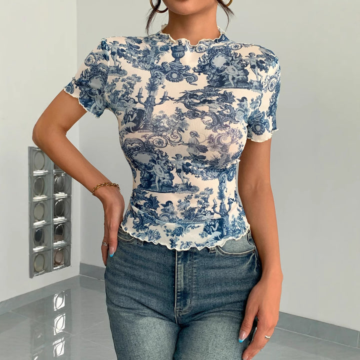 Damen nan figurbetontes kurzärmliges Netzshirt mit Stehkragen und romantischem Landhausdruck Echo Archiv