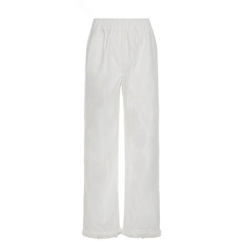 Damen Weite Straight‑Leg‑Hose mit elastischem Bund und Fransensaum Echo Archiv