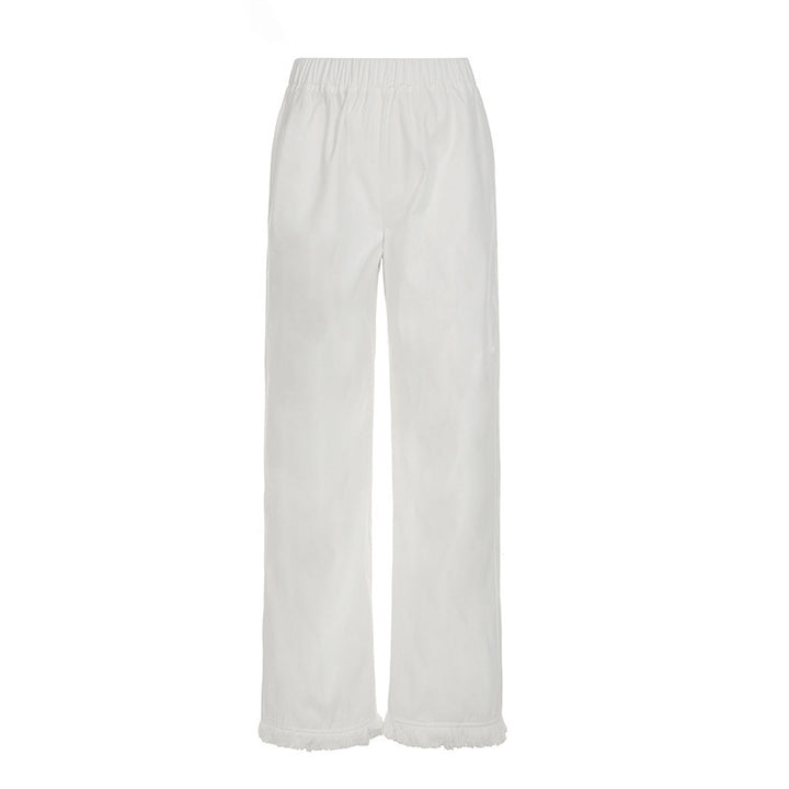 Damen Weite Straight‑Leg‑Hose mit elastischem Bund und Fransensaum Echo Archiv