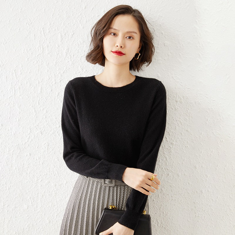 Damen Kurzgeschnittener Feinstrickpullover mit Rundhalsausschnitt und geripptem Bund Echoarchiv