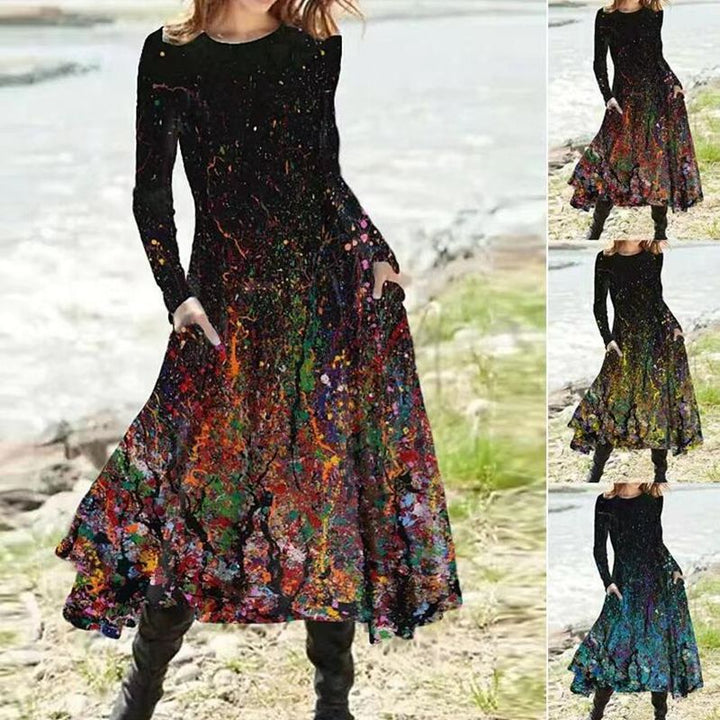 Damen nan A-Linien-Midikleid mit abstraktem Spritzmuster, Rundhalsausschnitt, langen Ärmeln und Eingrifftaschen Echo Archiv