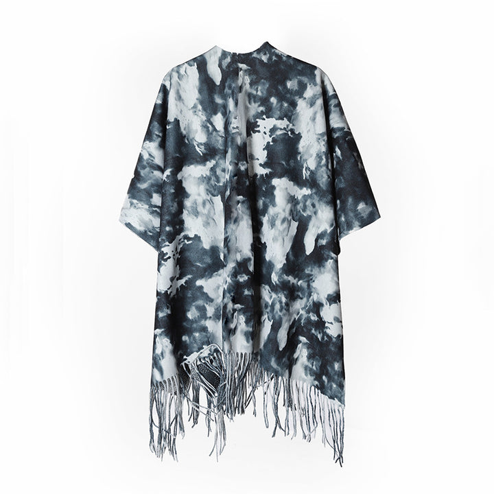 Damen Oversize-Poncho im Cloud-Print mit V‑Ausschnitt und langen Fransen Echo Archiv