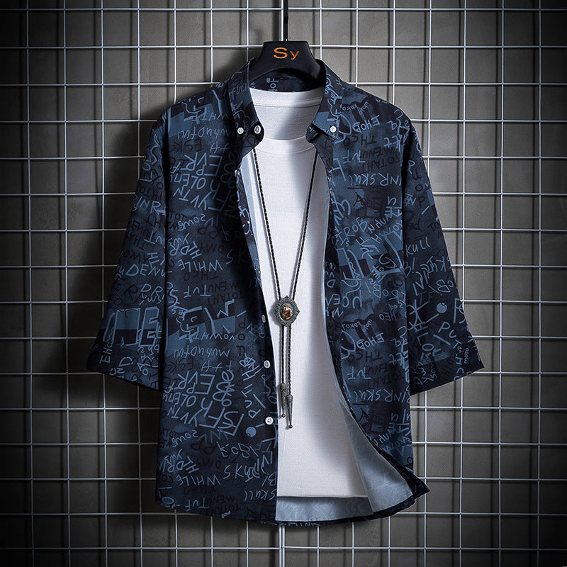 Herren Locker geschnittenes Kurzarm-Overshirt mit allover Grafikprint und Hemdkragen Echo Archiv