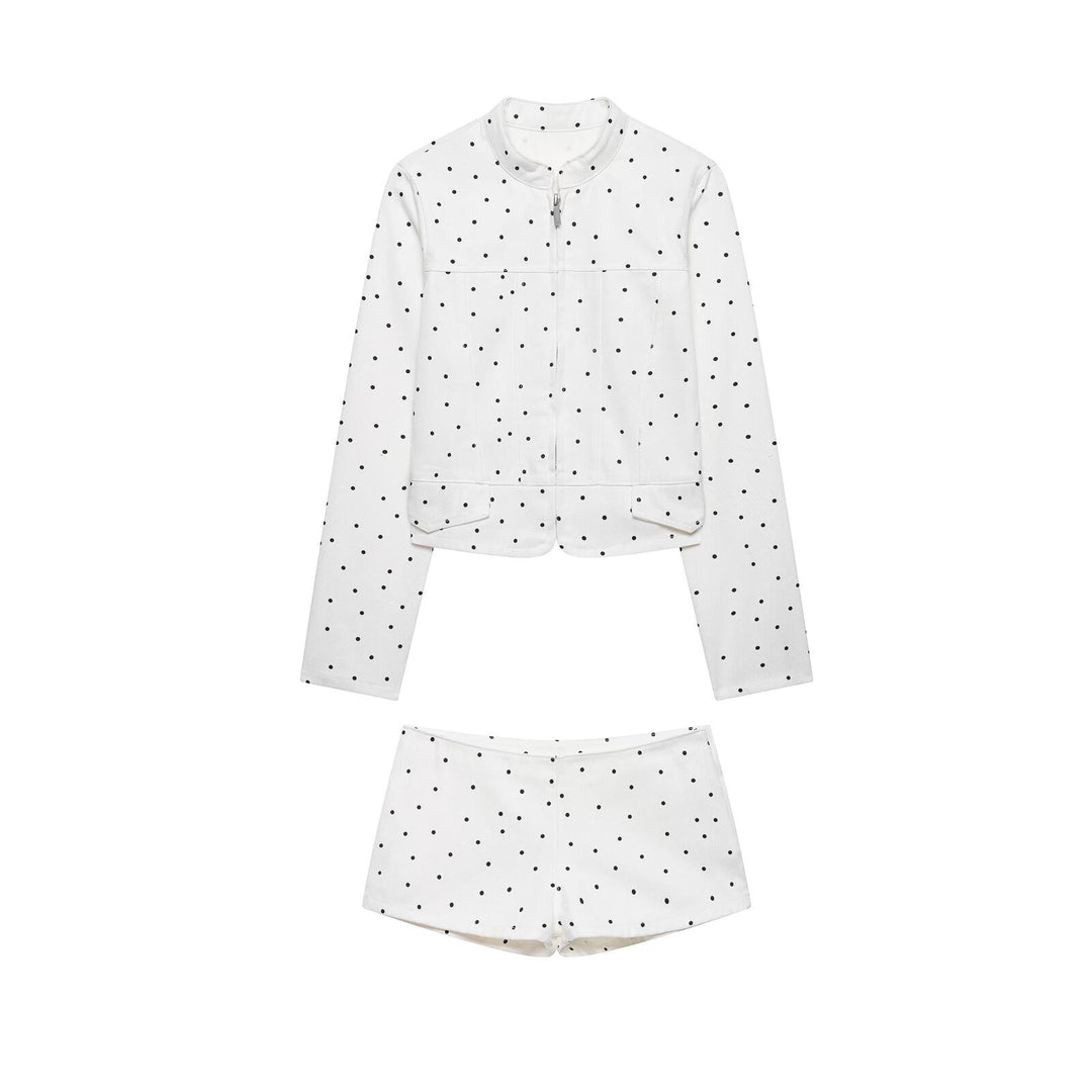 Damen Gepunktete Kurzjacke mit Stehkragen, Reißverschluss und Pattentaschen Echo Archiv