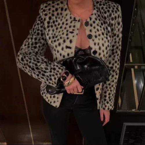 Damen Kurze Kunstfelljacke mit Leopardenmuster und Rundhalsausschnitt Echo Archiv