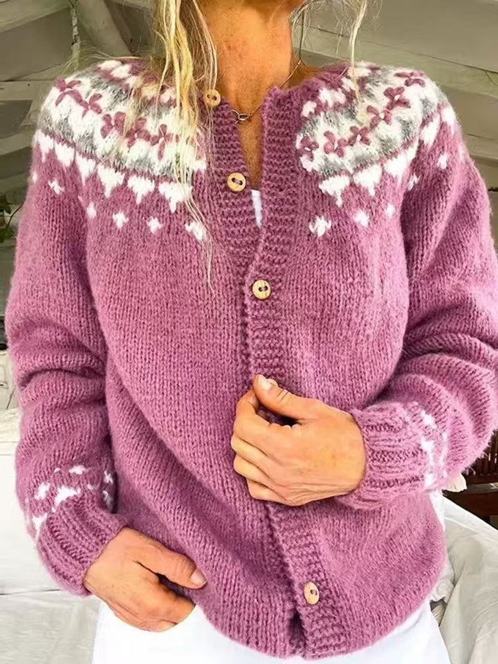 Damen nan gemusterte Strickjacke mit Rundpasse, Holzknöpfen und Eingrifftaschen Echo Archiv