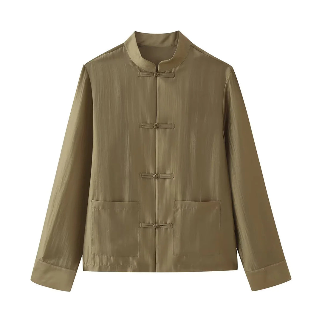 Herren leichte Mandarinjacke mit Stehkragen, Knotenverschlüssen und aufgesetzten Taschen – Taviero