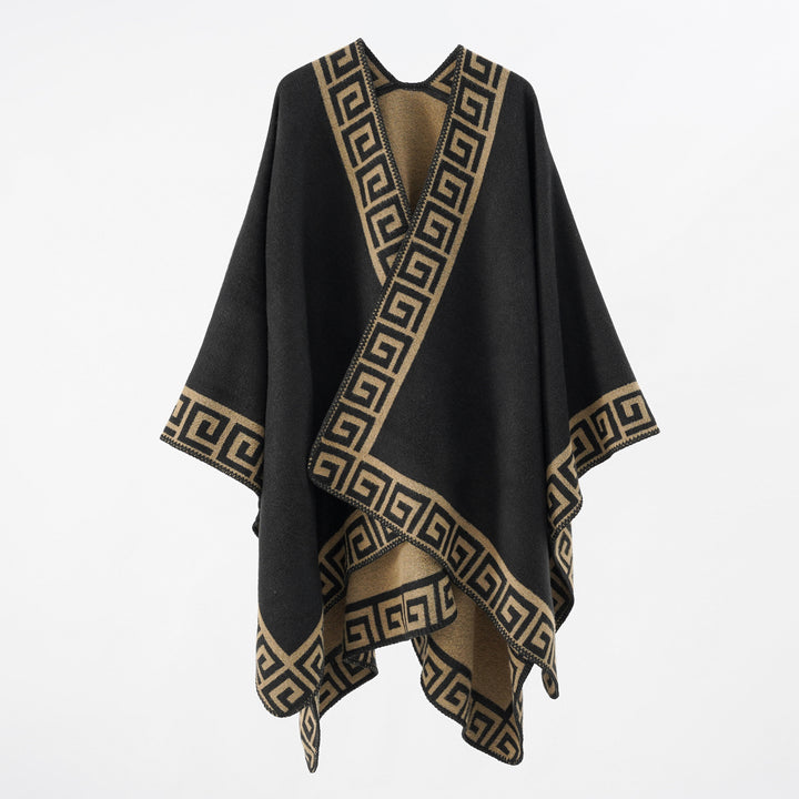 Damen Cape‑Poncho mit Mäander‑Bordüre und Wollmix‑Qualität – Montévia