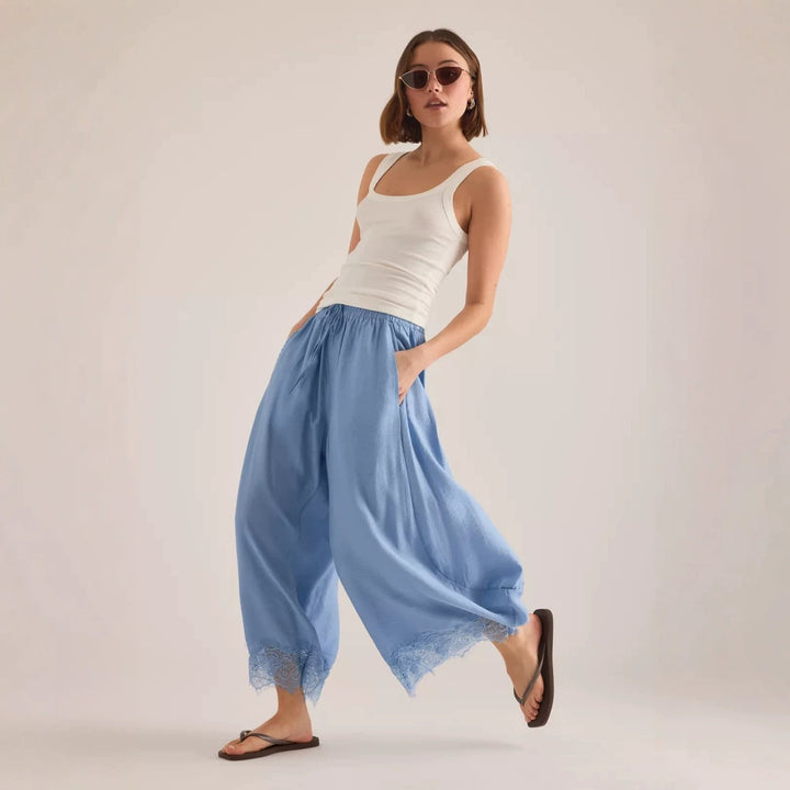 Damen Weite Palazzo-Hose mit elastischem Tunnelzugbund und Spitzenbesatz Echo Archiv