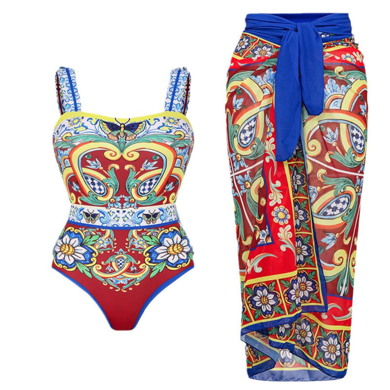 Damen Badeanzug-Set mit floralem Muster und elegantem Wickelrock Echo Archiv