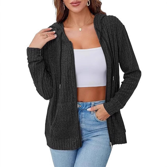Damen Strick-Kapuzenjacke mit Reißverschluss, Waffelstruktur und Eingrifftaschen – Auréline
