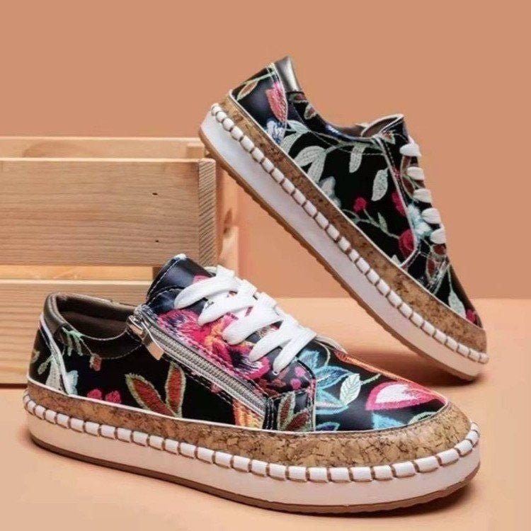 Damen florale Plateausneaker mit Korkplateau, seitlichem Reißverschluss und gepolstertem Komfortfußbett Echo Archiv
