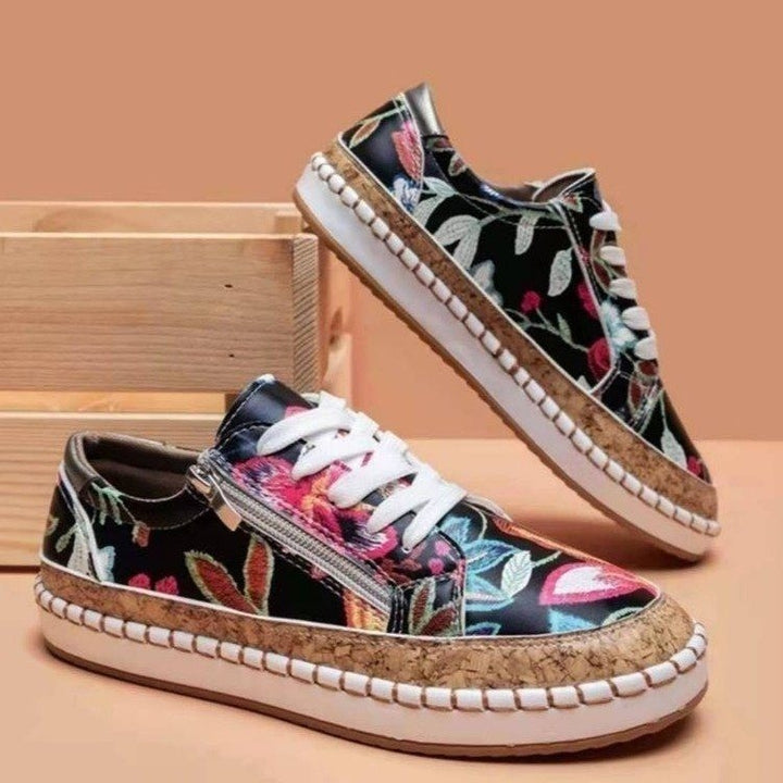 Damen florale Plateausneaker mit Korkplateau, seitlichem Reißverschluss und gepolstertem Komfortfußbett Echo Archiv