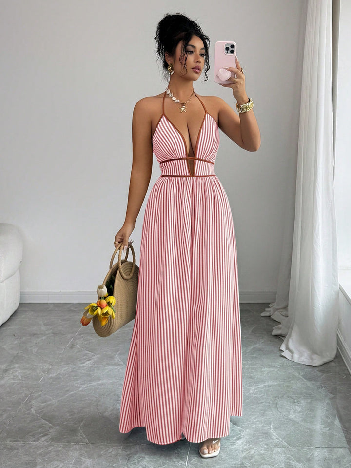 Damen Gestreiftes Neckholder-Maxikleid mit tiefem V-Ausschnitt und Taillen-Cut-Out – Valéora
