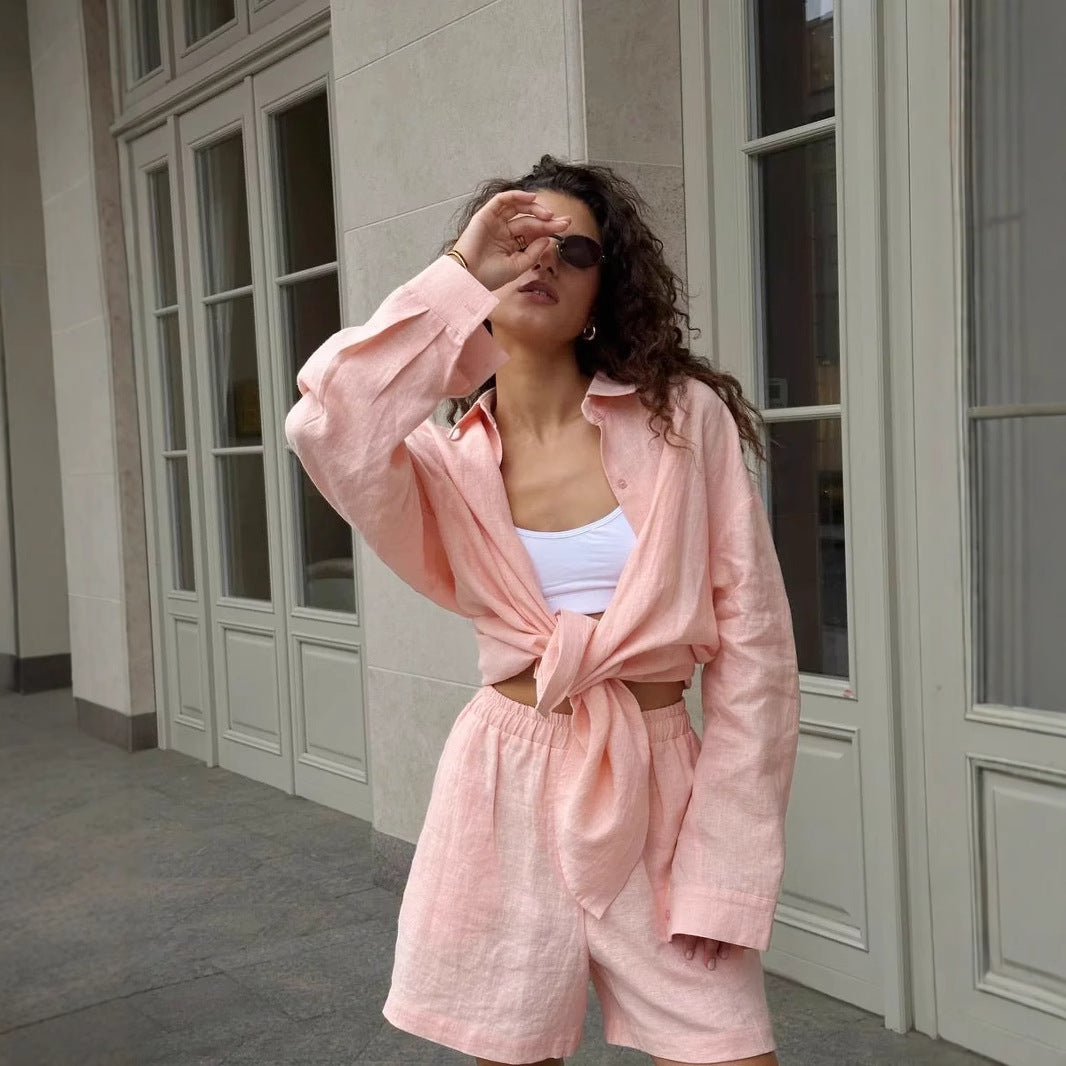 Damen lässige Leinenbluse und Shorts Set Echoarchiv
