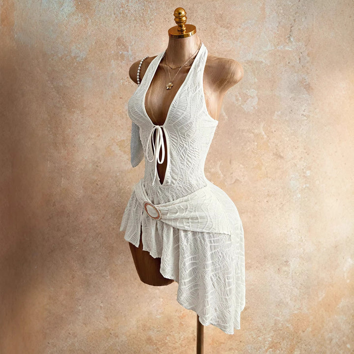 Damen nan figurbetontes Neckholder-Minikleid mit Schnürung, Cut-Out und asymmetrischem Wickelrock Echo Archiv