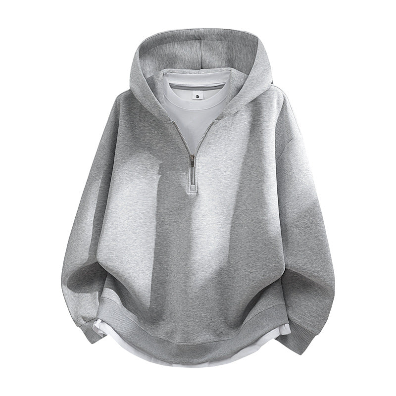 Unisex Oversize-Halbzip-Kapuzenpullover mit Lagen‑Optik, gerundetem Saum & gerippten Bündchen Echoarchiv