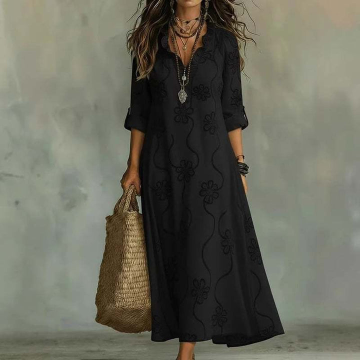 Damen Langes Boho-Maxikleid mit Blumenstickerei und V‑Ausschnitt Echoarchiv