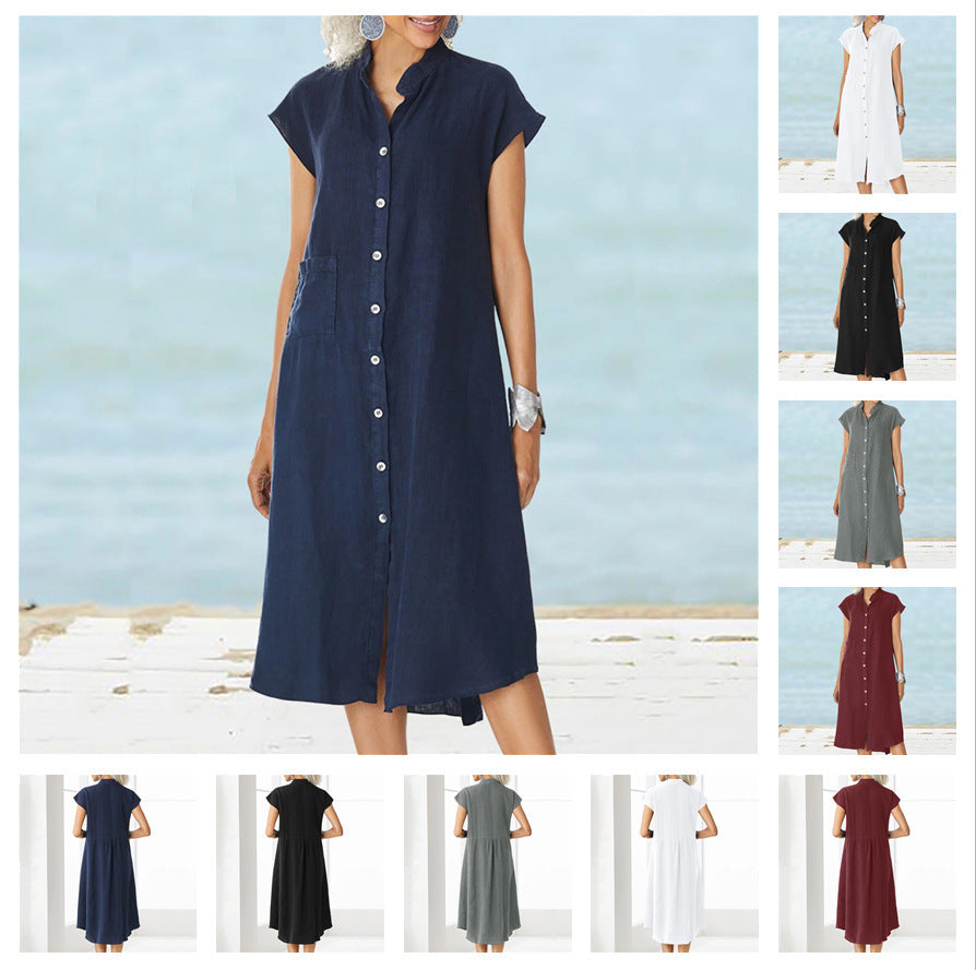 Damen lässiges Midi-Hemdkleid aus Leinen mit Knopfleiste und seitlichen Taschen Echo Archiv