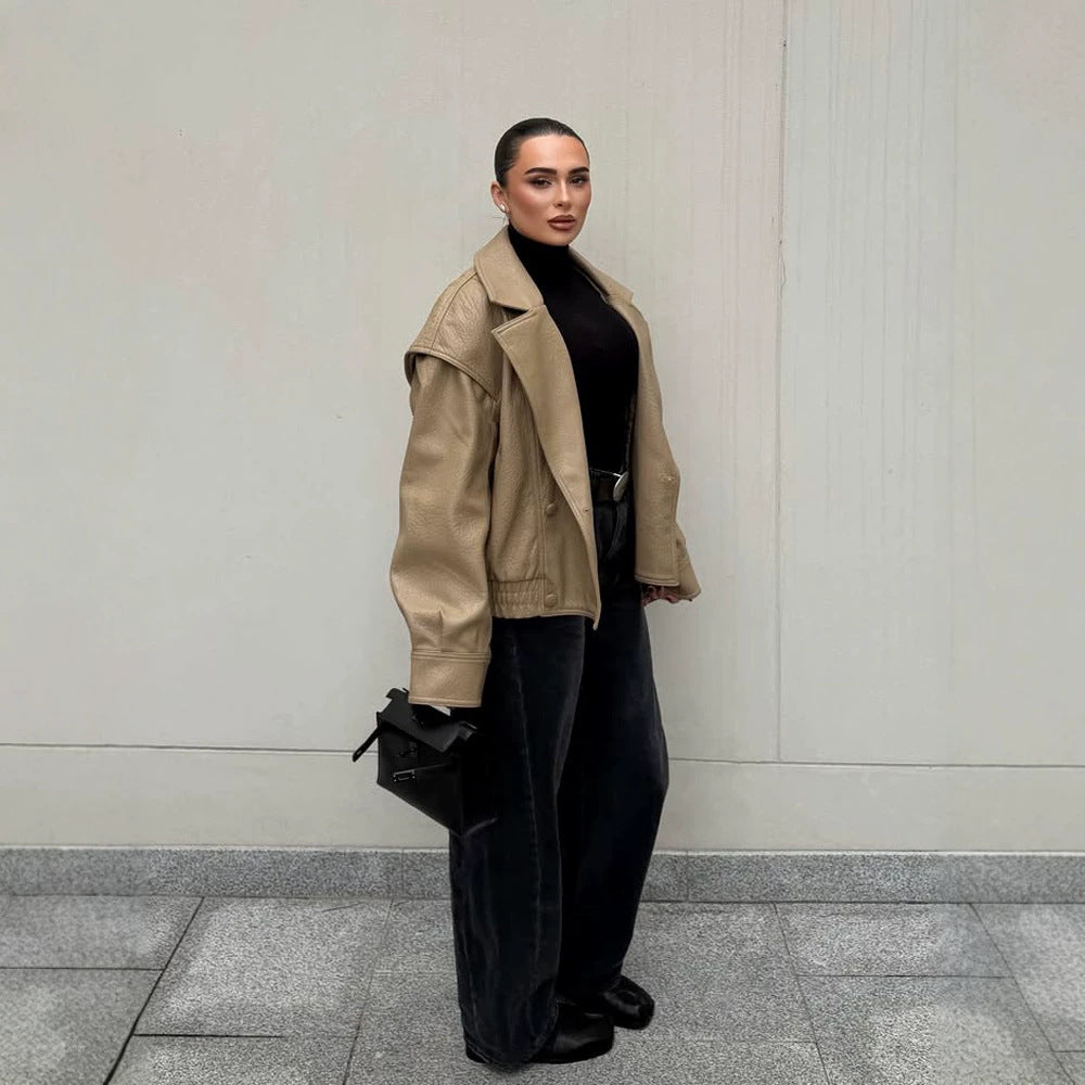 Damen Oversize-Lederimitat-Bomberjacke mit Boxy-Schnitt und weitem Revers Echoarchiv