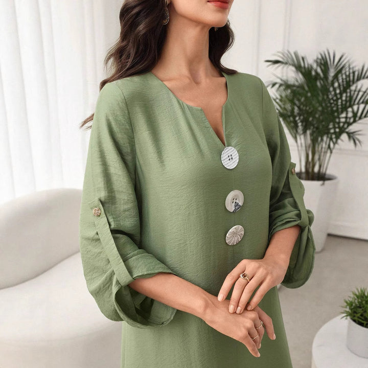 Damen Maxikleid mit Zierknöpfen, V-Ausschnitt und krempelbaren 3/4-Ärmeln – Avérine