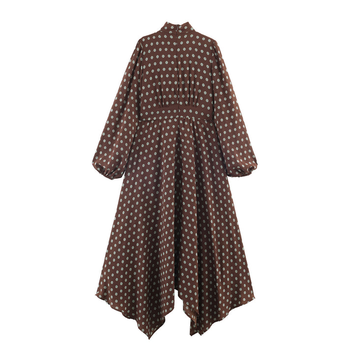Damen gepunktetes Midi Kleid mit Stehkragen, Schleifenband, Plisseeoberteil und asymmetrischem Saum – Élara
