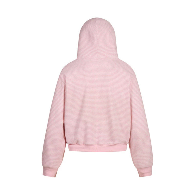 Damen Kurz geschnittene Kapuzen-Sweatjacke mit kurzem Bund, Streifenstruktur und Reißverschluss Echoarchiv