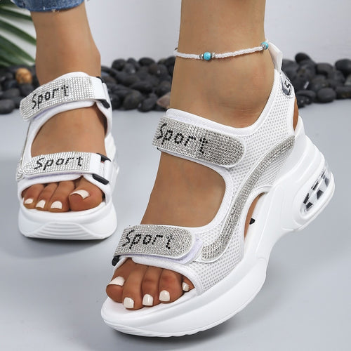 Damen Sportliche Plateausandalen mit Mesh-Obermaterial, Klettverschluss und Ziersteinen – Sorelia