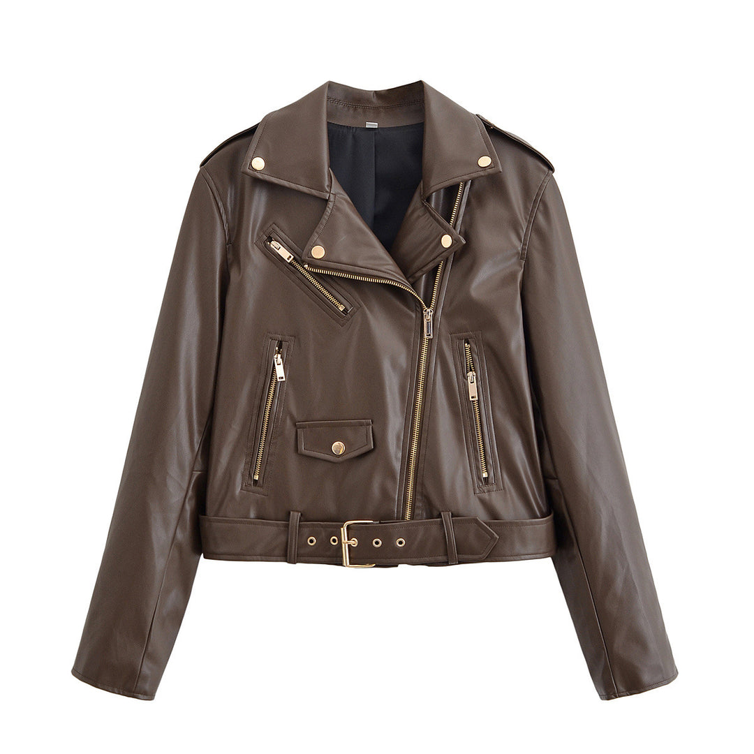 Damen Bikerjacke aus Lederimitat mit asymmetrischem Reißverschluss, Taillengürtel und goldfarbenen Details Echoarchiv