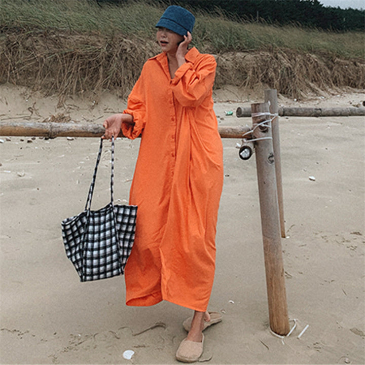 Damen Oversize-Hemdmaxikleid mit durchgehender Knopfleiste und weitem Fall Echoarchiv