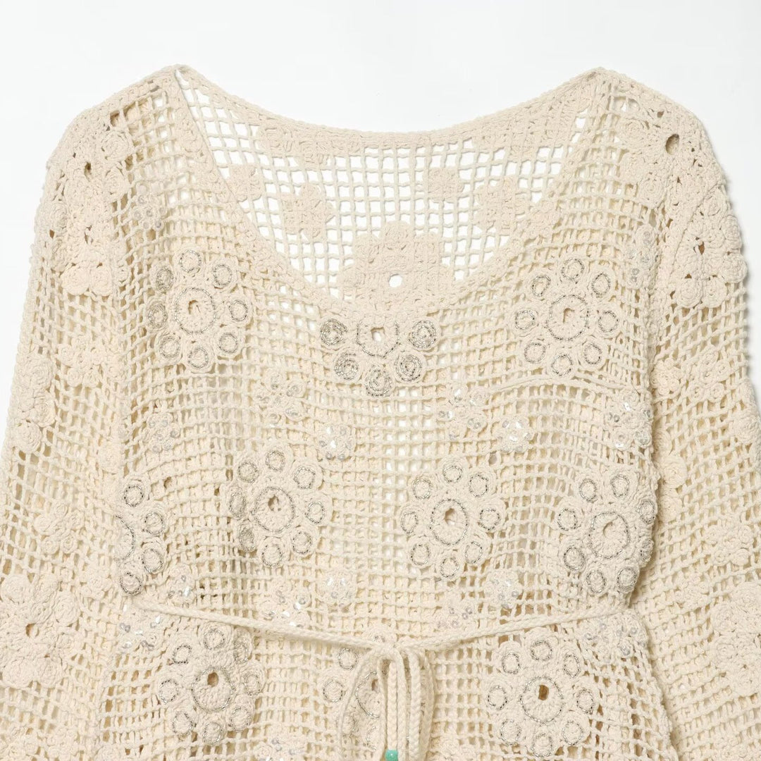 Damen Häkelpullover mit Blumen-Applikationen und Tunnelzug Echoarchiv