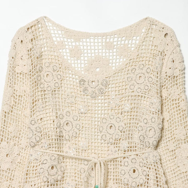 Damen Häkelpullover mit Blumen-Applikationen und Tunnelzug Echoarchiv
