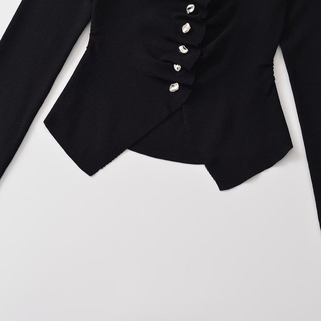 Damen Gerüschtes Langarm-Top mit asymmetrischem Schößchen und Zierknopfleiste Echoarchiv