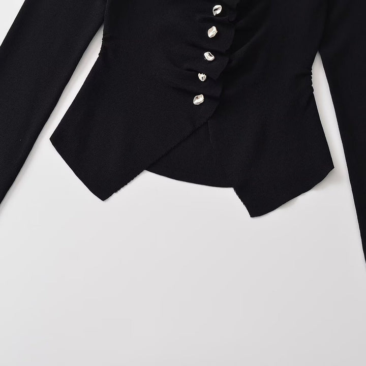 Damen Gerüschtes Langarm-Top mit asymmetrischem Schößchen und Zierknopfleiste Echoarchiv