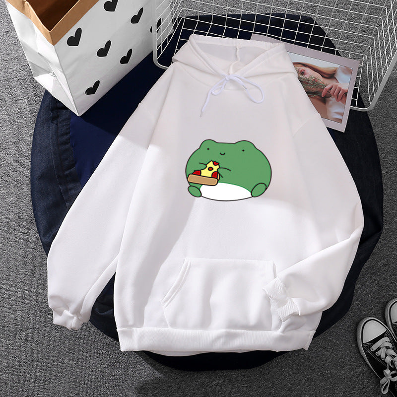 Damen gemütlicher Kapuzenpullover mit kawaii Frosch‑Pizza‑Motiv und oversized Relax‑Fit – Auréline