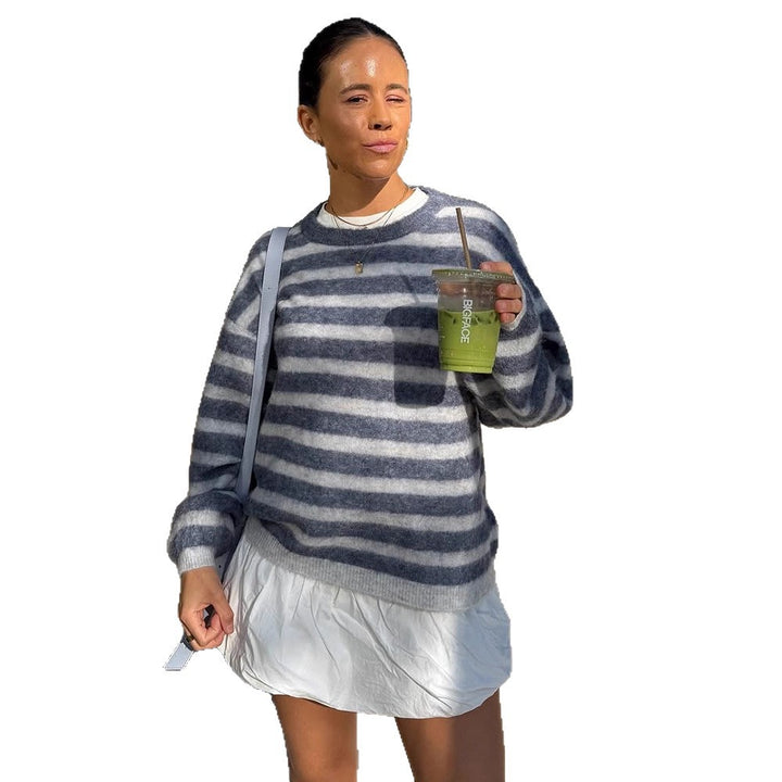 Damen Gestreifter Mohair-Mix Oversize-Pullover mit Ballonärmeln Echoarchiv