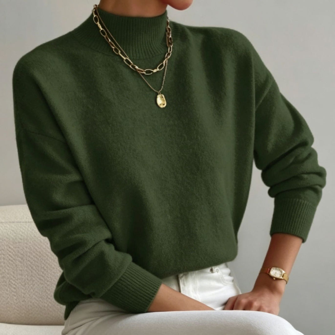 Damen kuscheliger Feinstrickpullover mit Stehkragen und überschnittener Schulter – Mavelle