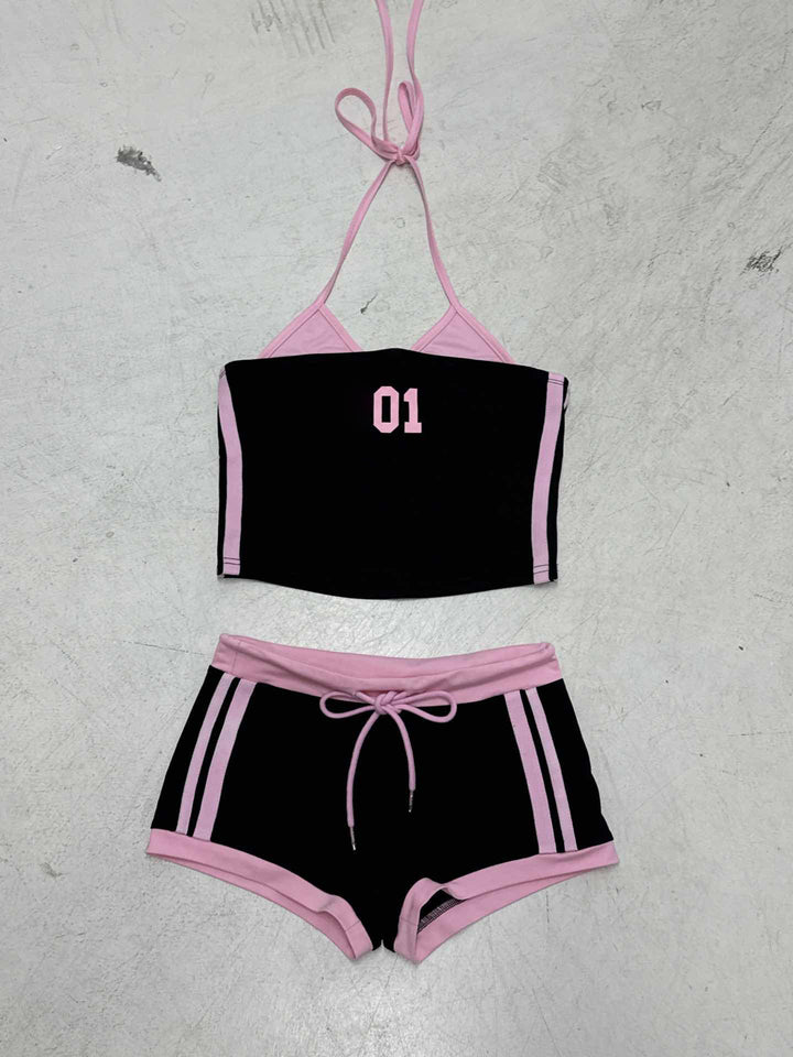 Damen sportliches Crop-Top und Shorts Set mit dekorativem Bindeband Echo Archiv