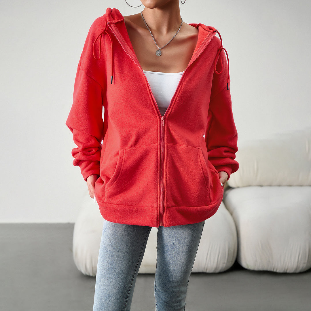 Damen kuscheliger Teddy-Fleece Zip-Hoodie mit Kapuze, tiefer Schulterpassform und Kängurutaschen – Auréline