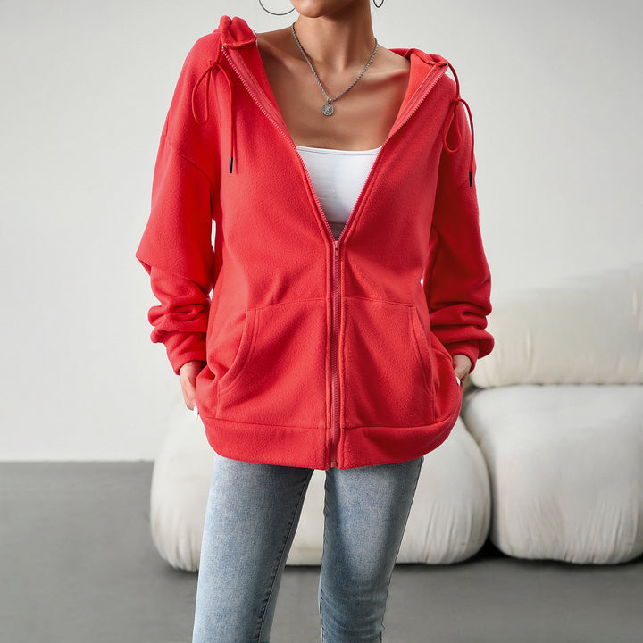 Damen kuscheliger Teddy-Fleece Zip-Hoodie mit Kapuze, tiefer Schulterpassform und Kängurutaschen – Auréline